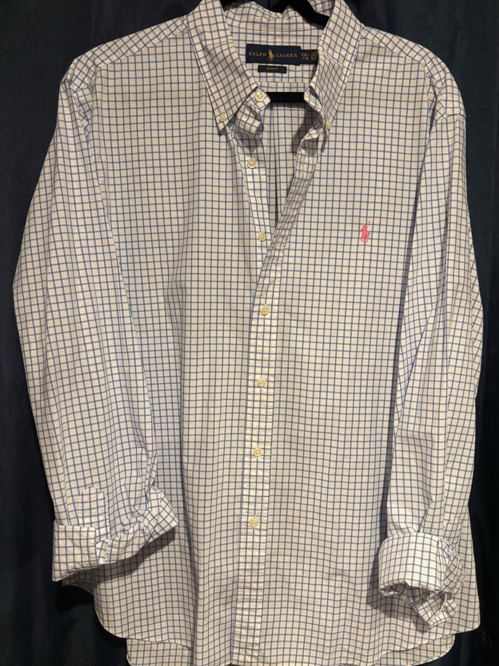 Ralph Lauren Men’s White Shirt with Blue Windowpane Check and Pink Pony